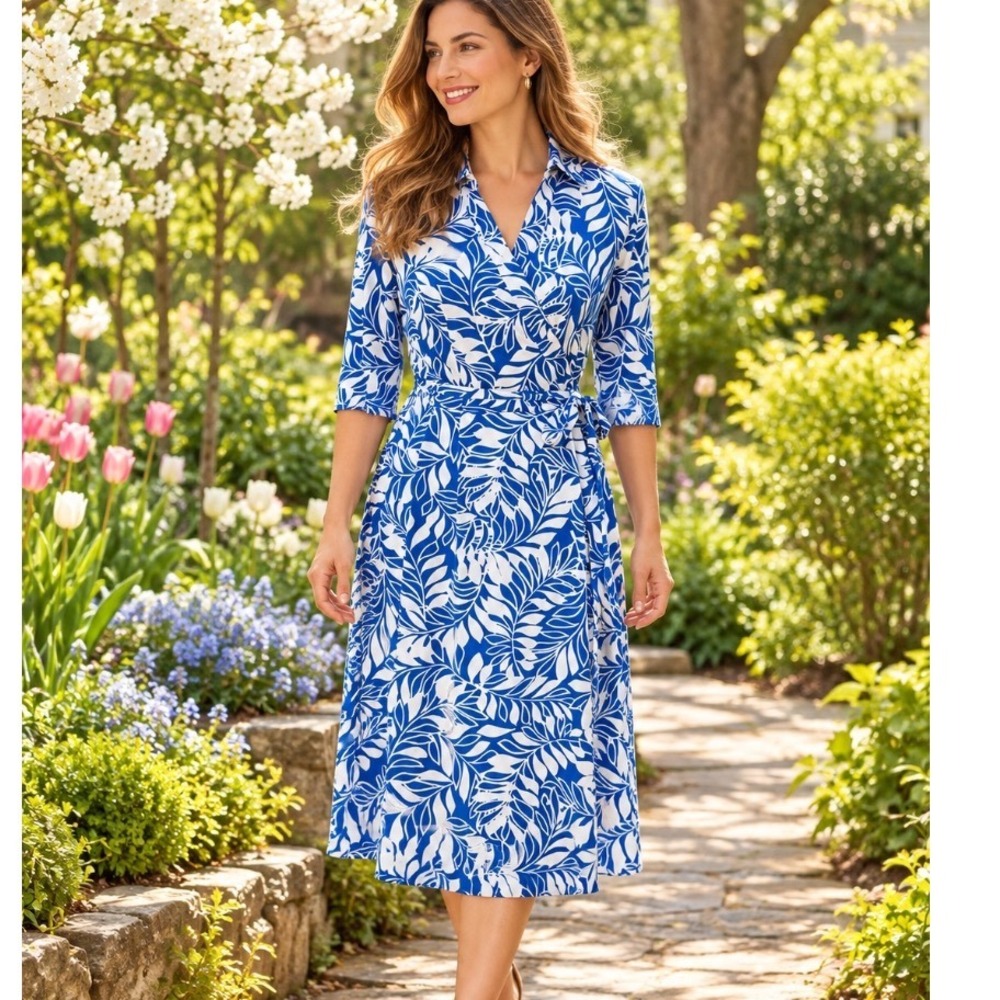 Donna Ricco Blue White Tropical Leaf Print Wrap Dress S Midi Collar Elbow Sleeve
